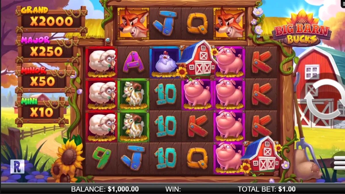 Big Barn Bucks slot game interface na may mga hayop sa bukid