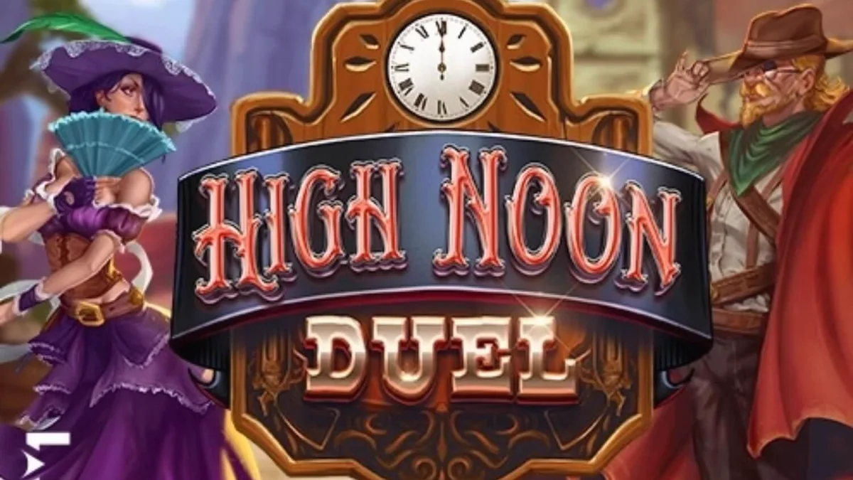 High Noon Duel slot game interface na may Wild West theme at mga karakter na sina Pistol Belle at The Iron Cowboy.