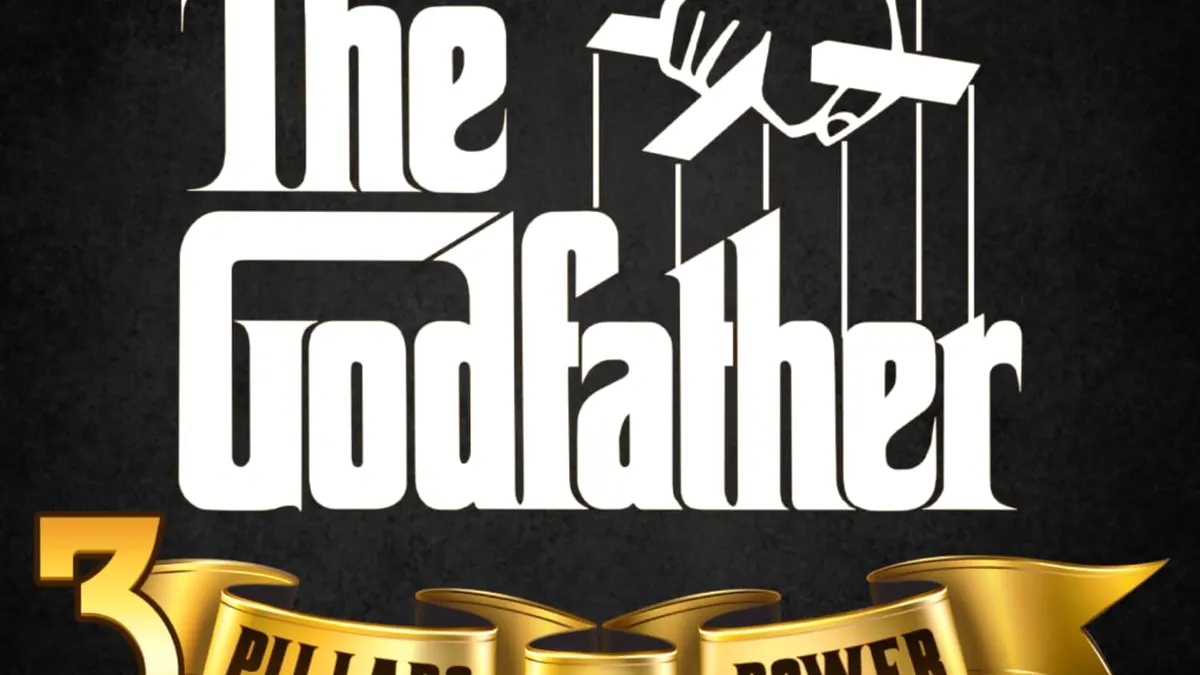 The Godfather: 3 Pillars of Power slot game interface na nagpapakita ng mga simbolo ng mobster at golden pillars.