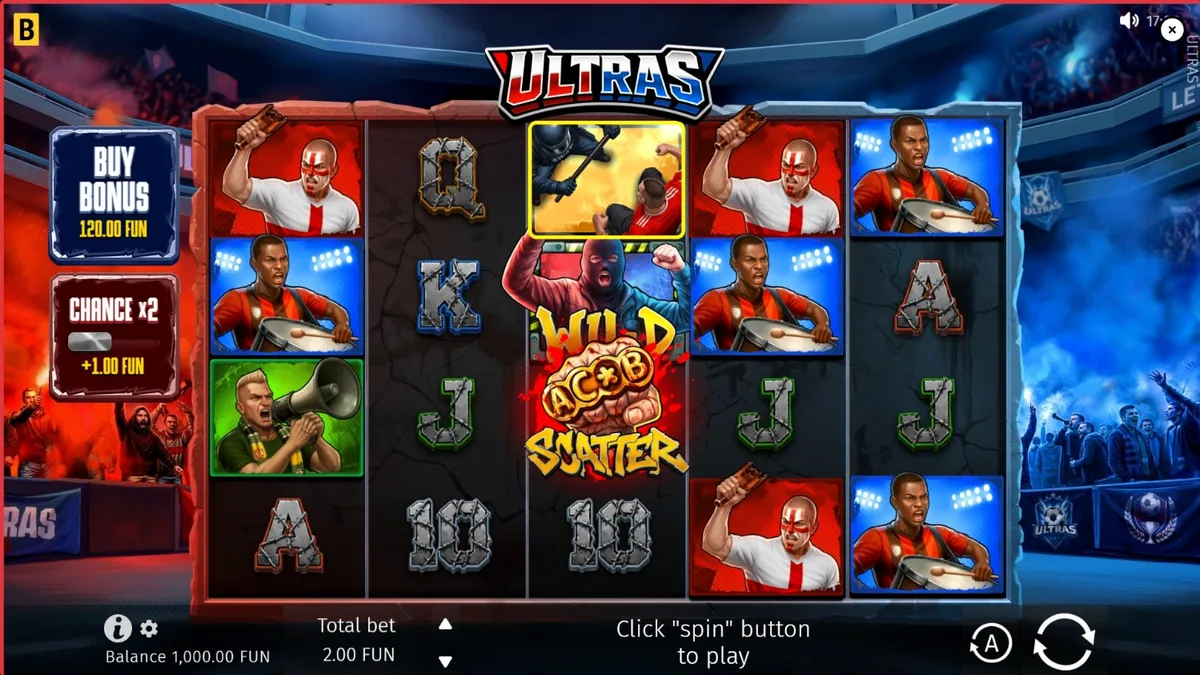 Ultras slot game interface na may football hooligan theme